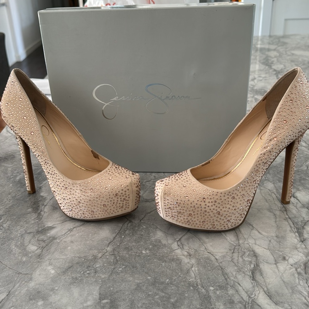 Jessica Simpson 5” heels Ivory Sand Microsuede, in box. Style: Rebeca2.